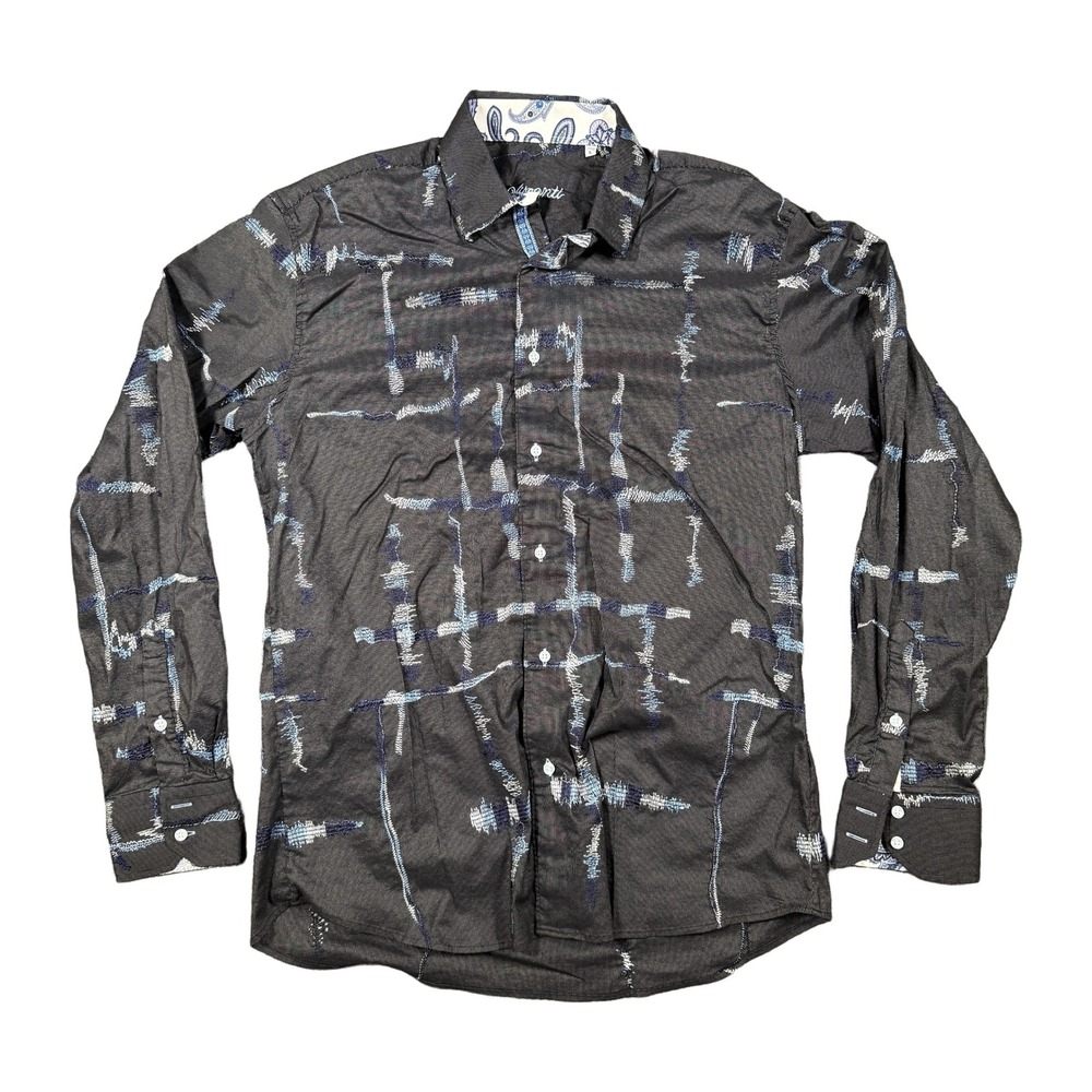 Visconti Mens Large Black Blue Abstract Embroidered Button Down Shirt Paisley